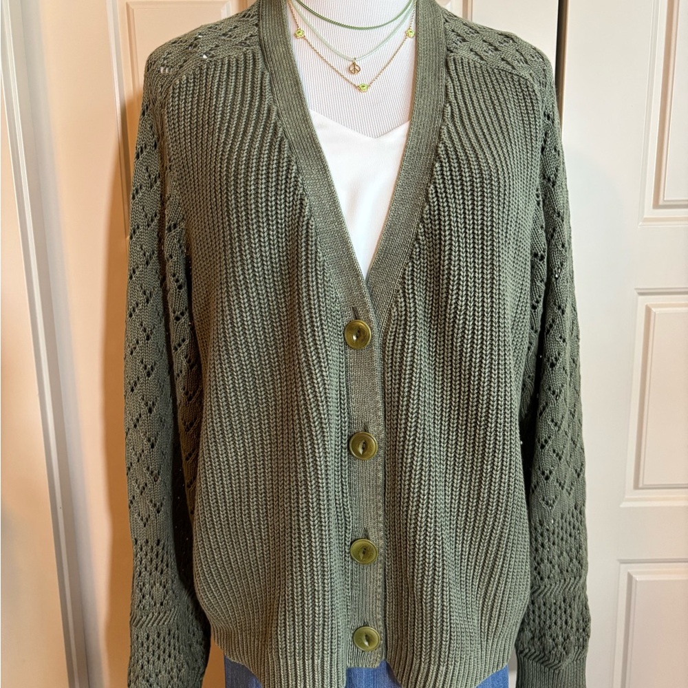 Sundance My Darling Cardigan Sweater, Pointelle Sunkissed Olive Cotton